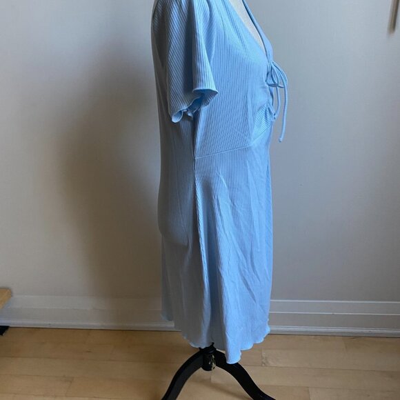 BP Women Blue Ribbed Tie Front Dress BNWOT Lettuce Edge Short Sleeve - Picture 4 of 8